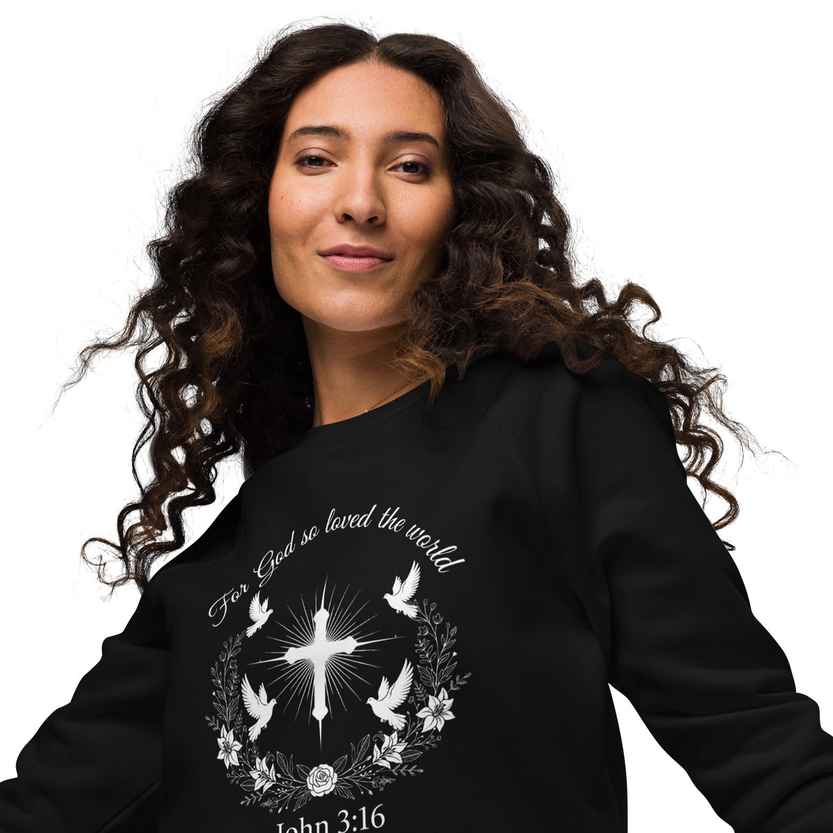 Black John 3:16 organic raglan sweatshirt for unisex, featuring a comfortable fit and scripture design from Tristan's Outlet.
