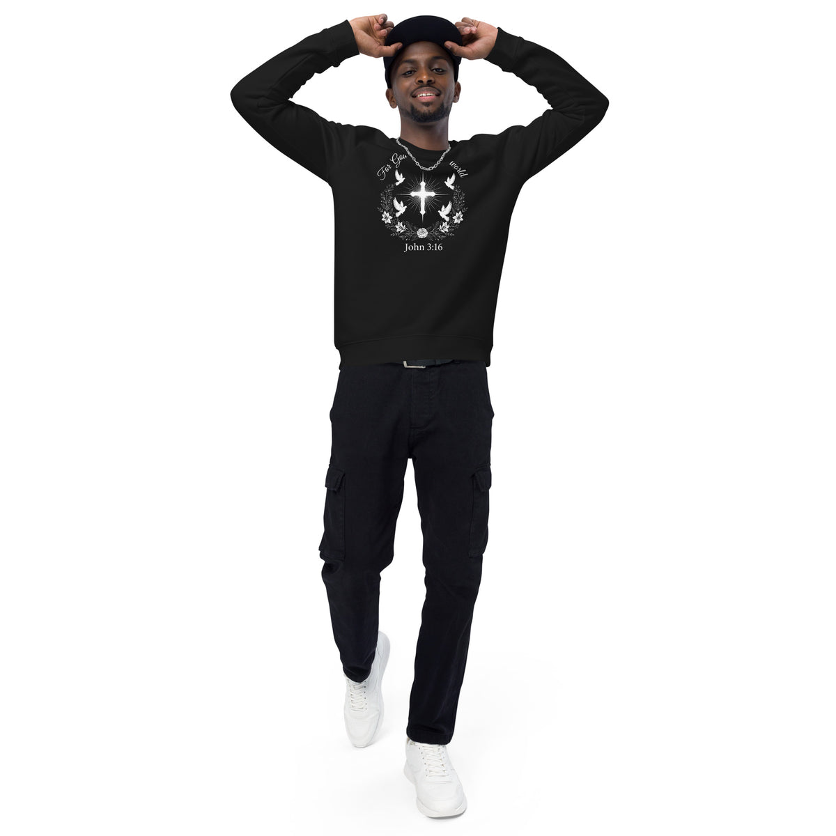 Unisex black organic raglan sweatshirt with John 3:16 printed on the front, made by Tristan's Outlet.