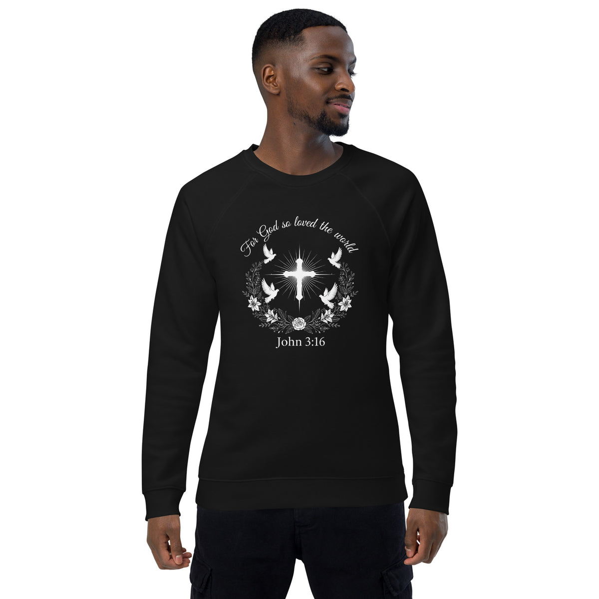 Unisex black organic raglan sweatshirt with John 3:16 printed front, casual style, comfortable fit, by Tristan's Outlet