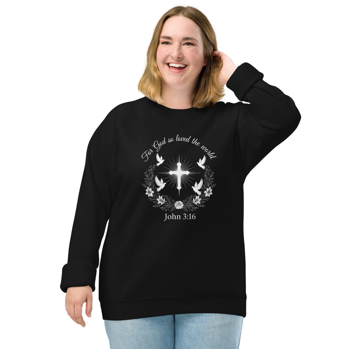 Unisex black John 3:16 organic raglan sweatshirt with front graphic, casual style, from Tristan's Outlet.