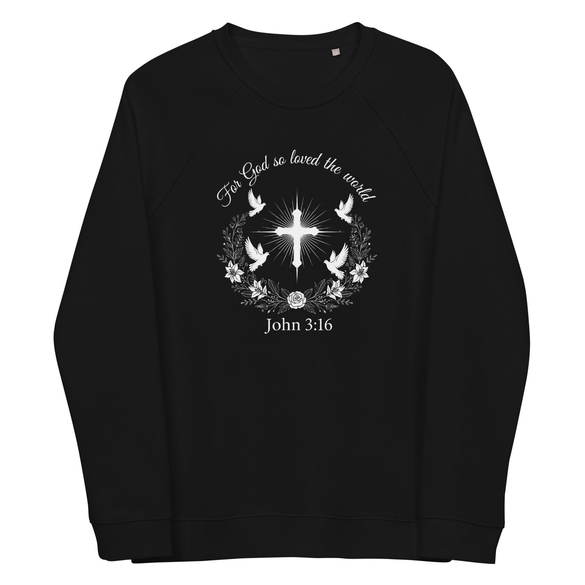 Black John 3:16 organic raglan sweatshirt for unisex wear, featuring a comfortable fit and stylish design.