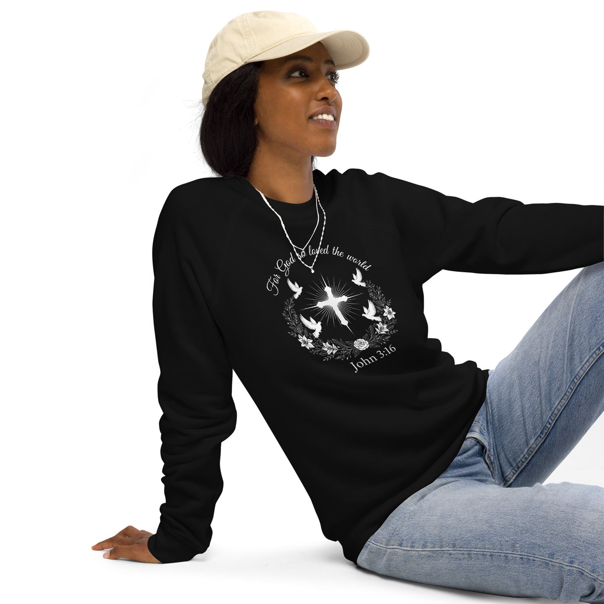 Black unisex organic raglan sweatshirt with John 3:16 verse printed on the front, made by Tristan's Outlet.