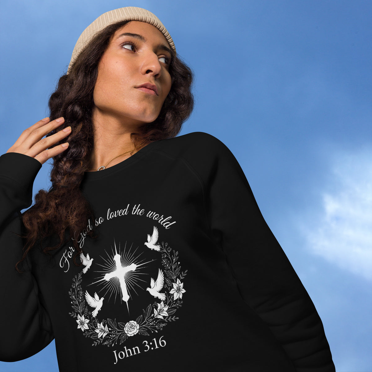 Unisex black John 3:16 organic raglan sweatshirt from Tristan's Outlet with front graphic design.