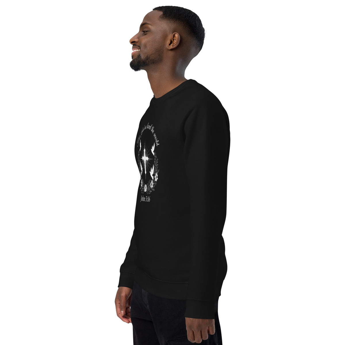 Unisex black organic raglan sweatshirt with John 3:16 scripture print, casual style, long sleeves, and comfortable fit.