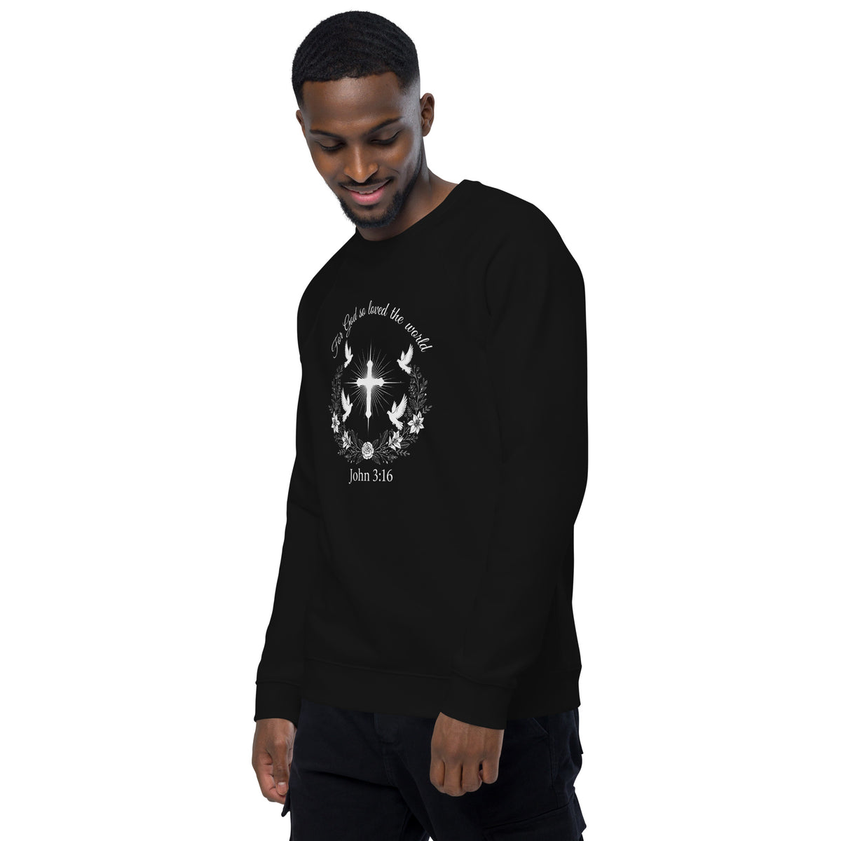 Unisex black organic raglan sweatshirt with John 3:16 Bible verse printed on the front, casual and comfortable style.