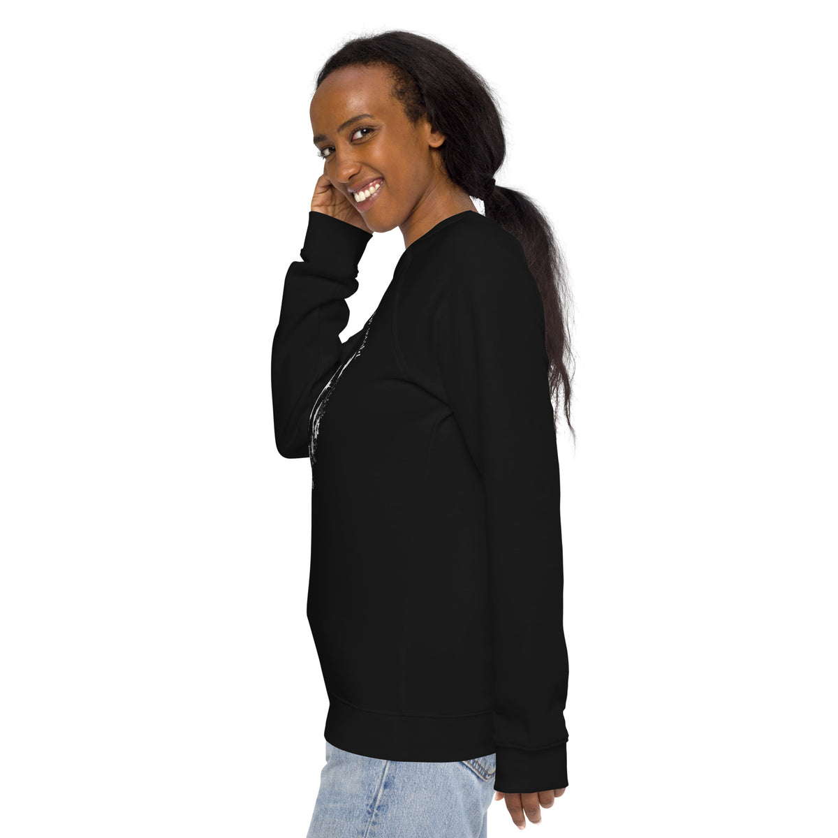 Unisex black organic raglan sweatshirt with John 3:16 print on the front, casual style, by Tristan's Outlet.