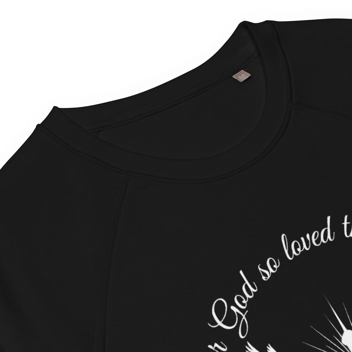Unisex black John 3:16 organic raglan sweatshirt by Tristan's Outlet with contrasting sleeves and printed biblical verse design.