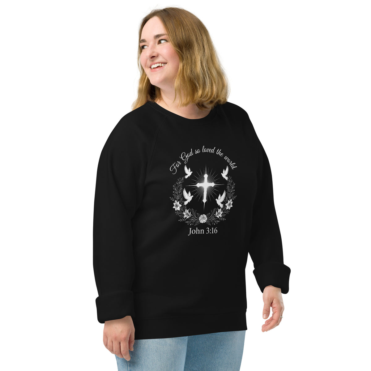 Unisex black organic raglan sweatshirt with John 3:16 Bible verse printed on front, casual wear from Tristan's Outlet.