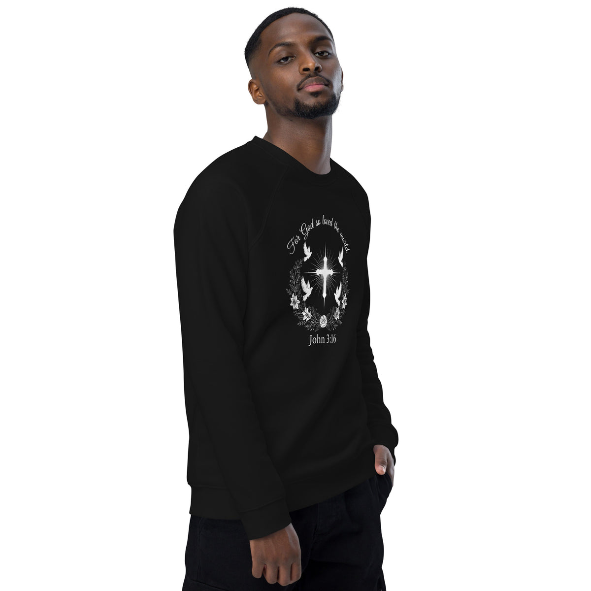 Unisex black John 3:16 organic raglan sweatshirt from Tristan's Outlet, showing the front right side with visible design.