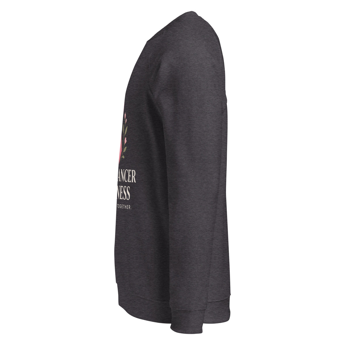 Unisex charcoal melange organic raglan sweatshirt with breast cancer awareness hope and strength design by Tristan's Outlet.