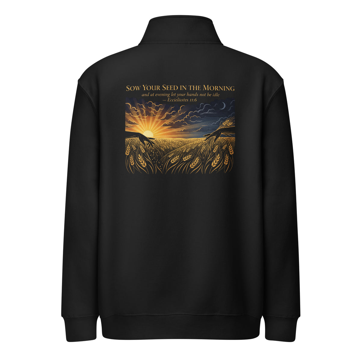 Unisex black premium quarter zip sweatshirt with Ecclesiastes 11:6 design on the back by Tristan's Outlet.