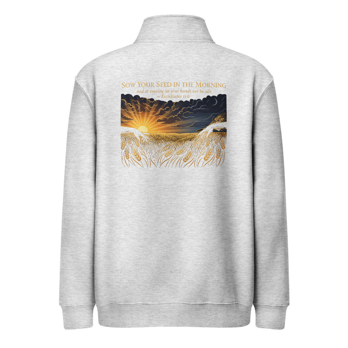Unisex heather grey premium quarter zip sweatshirt featuring Ecclesiastes 11:6 scripture design on the back.