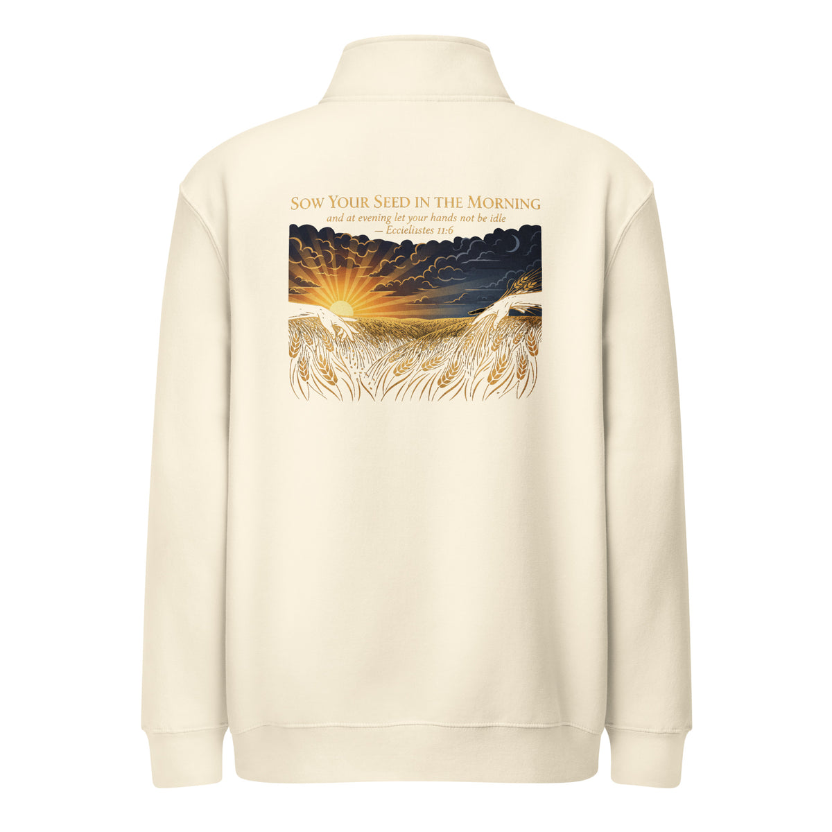 Unisex premium quarter zip sweatshirt in sandshell color with Ecclesiastes 11:6 embroidery at the back, by Tristan's Outlet.