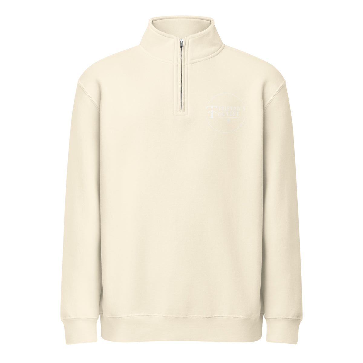 Unisex premium quarter zip sweatshirt in sandshell color featuring biblical verse Ecclesiastes 11:6 on the front.