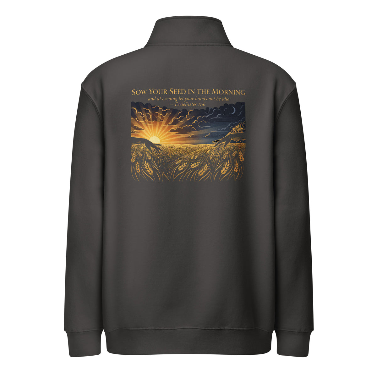 Unisex premium quarter zip sweatshirt from Tristan's Outlet with smoke back design, inspired by Ecclesiastes 11:6.