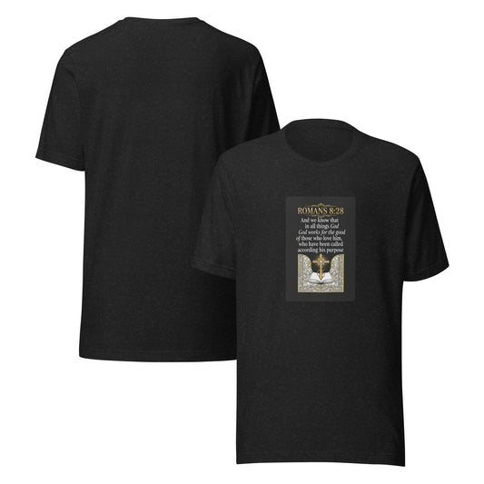 Unisex black heather T-shirt with Romans 8:28 verse print on front and back, from Tristan's Outlet.