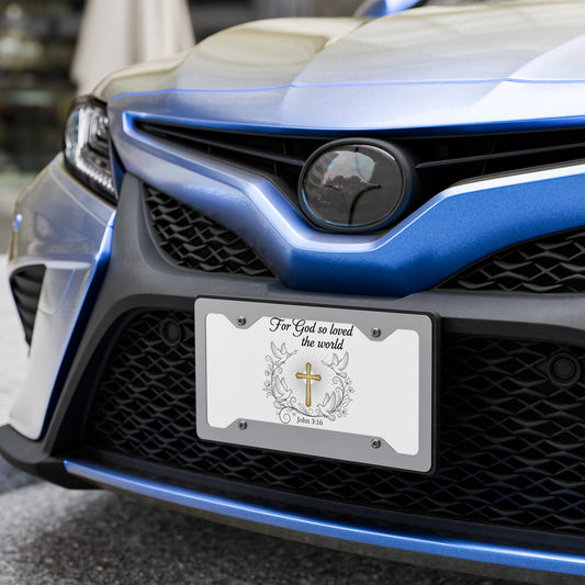 White glossy John 3:16 front license plate with black lettering, designed for vehicle front mounting, from Tristan's Outlet.