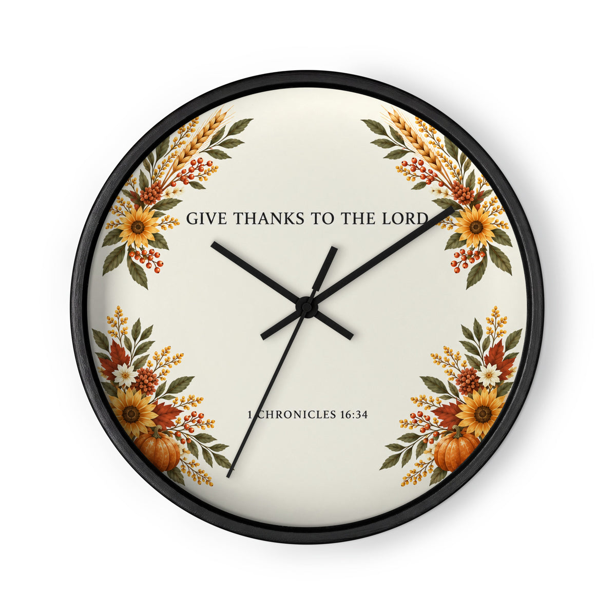 Black-framed wall clock featuring "Give Thanks" 1 Chronicles 16:34 inscription by Tristan's Outlet, with black clock hands and face.