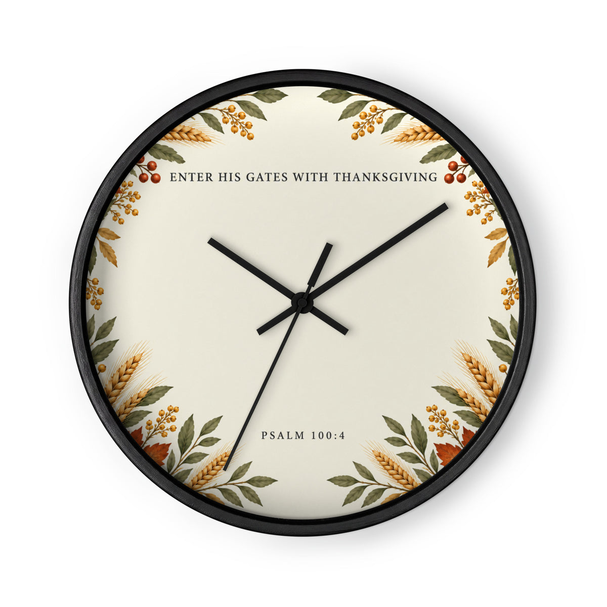 Black-framed wall clock featuring Psalm 100:4 quote and black clock hands, designed by Tristan's Outlet.