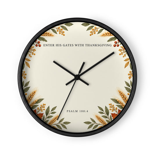 Black-framed wall clock featuring Psalm 100:4 quote and black clock hands, designed by Tristan's Outlet.