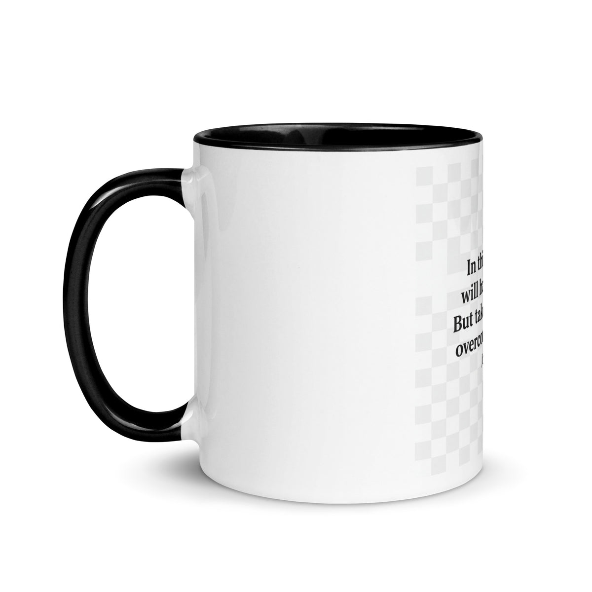 White ceramic mug with black interior and "I Have Overcome the World" message, 11 oz, stylish drinkware from Tristan's Outlet.
