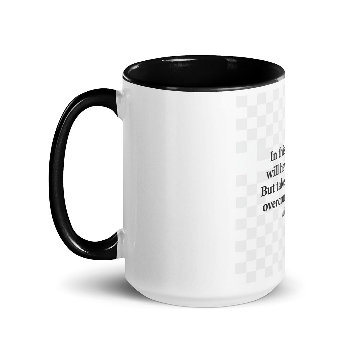 White ceramic mug with black interior, 15 oz, featuring the "I Have Overcome the World" message, from Tristan's Outlet drinkware collection.