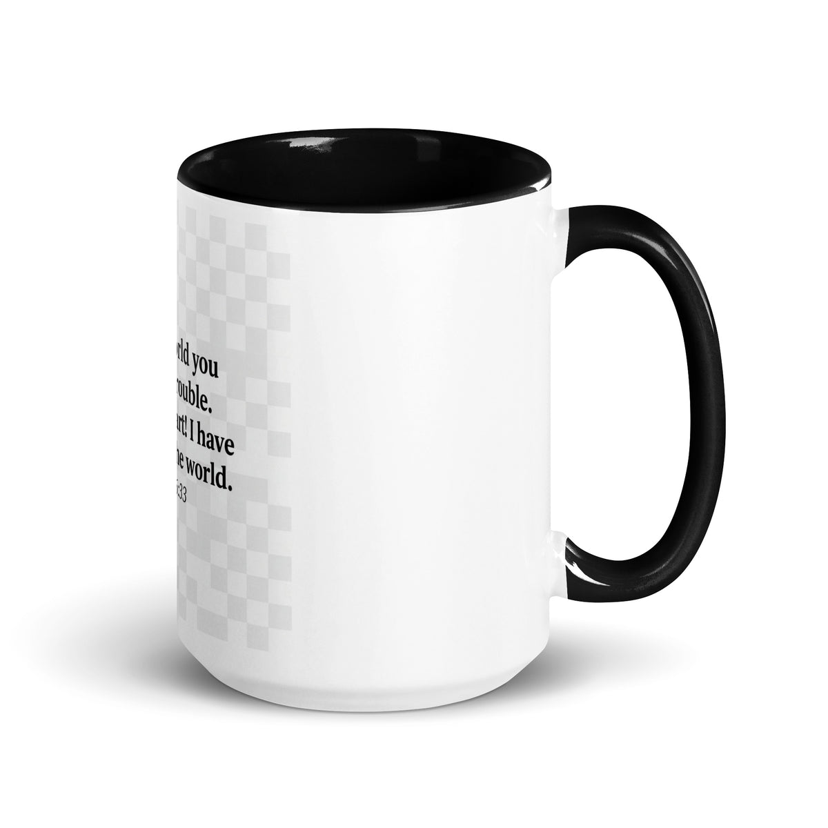 White ceramic mug with black interior, 15 oz, featuring the "I Have Overcome the World" message, perfect for faith-inspired drinkware.