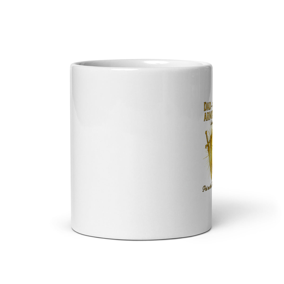 White glossy Dad mug featuring "The Family's Armor Bearer" design, 11 oz size, perfect for family and gift use.