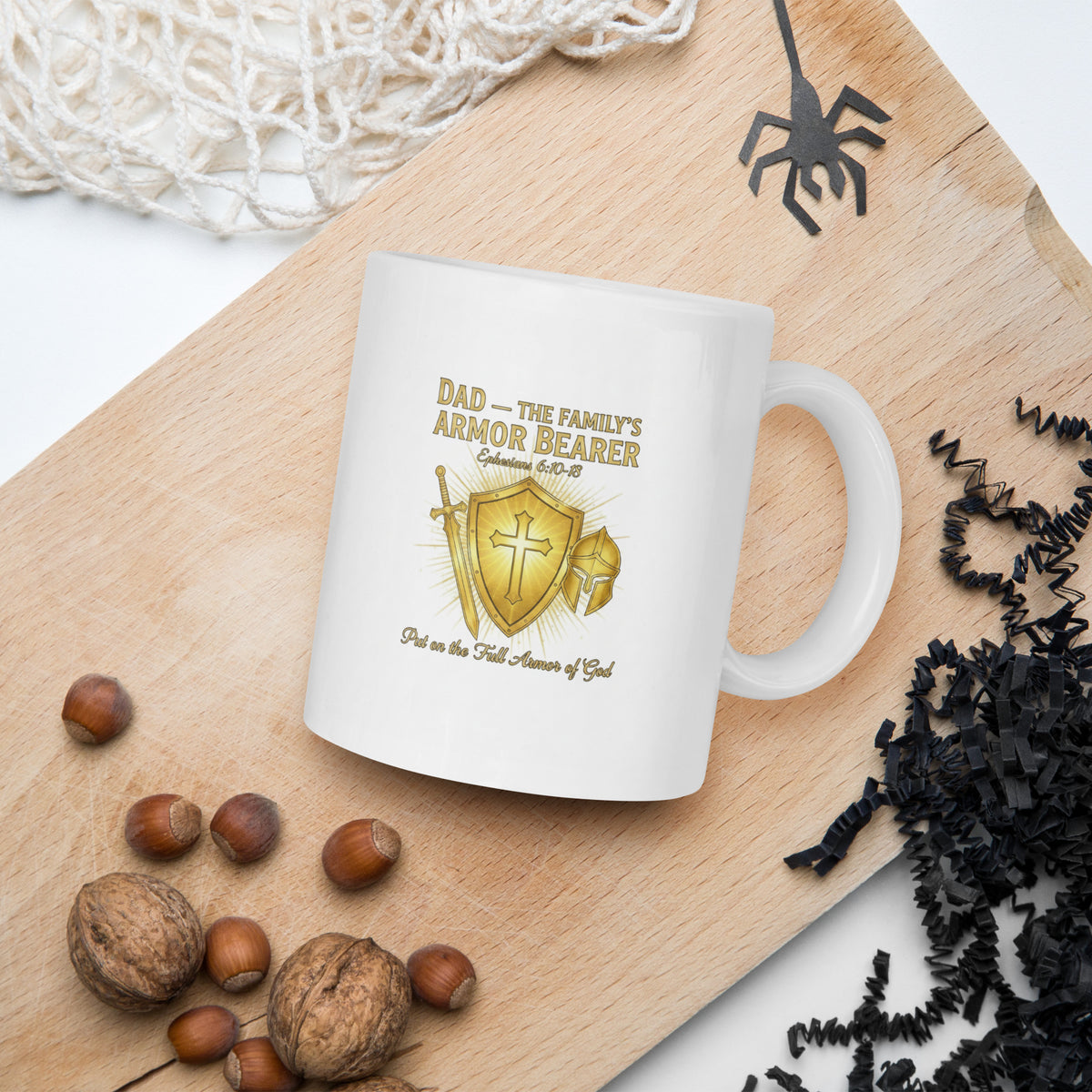 White 11 oz glossy ceramic mug featuring Halloween-themed design for Dad, perfect as a family's armor bearer gift.