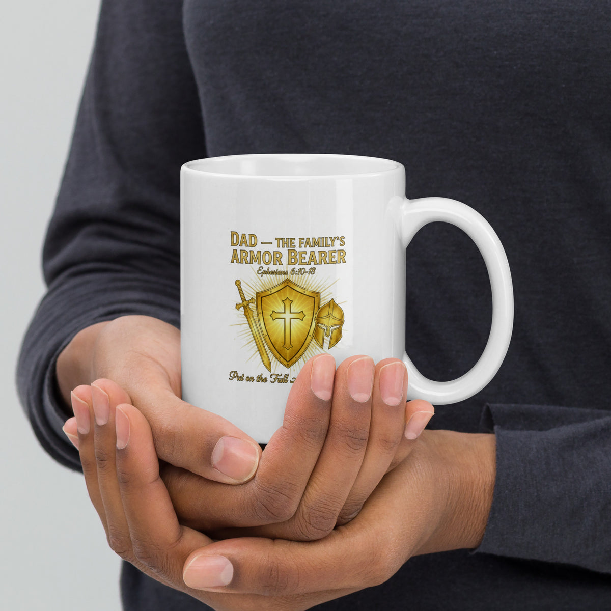 White glossy 11 oz Dad family armor bearer mug with handle on the right, perfect for family-themed coffee or tea.