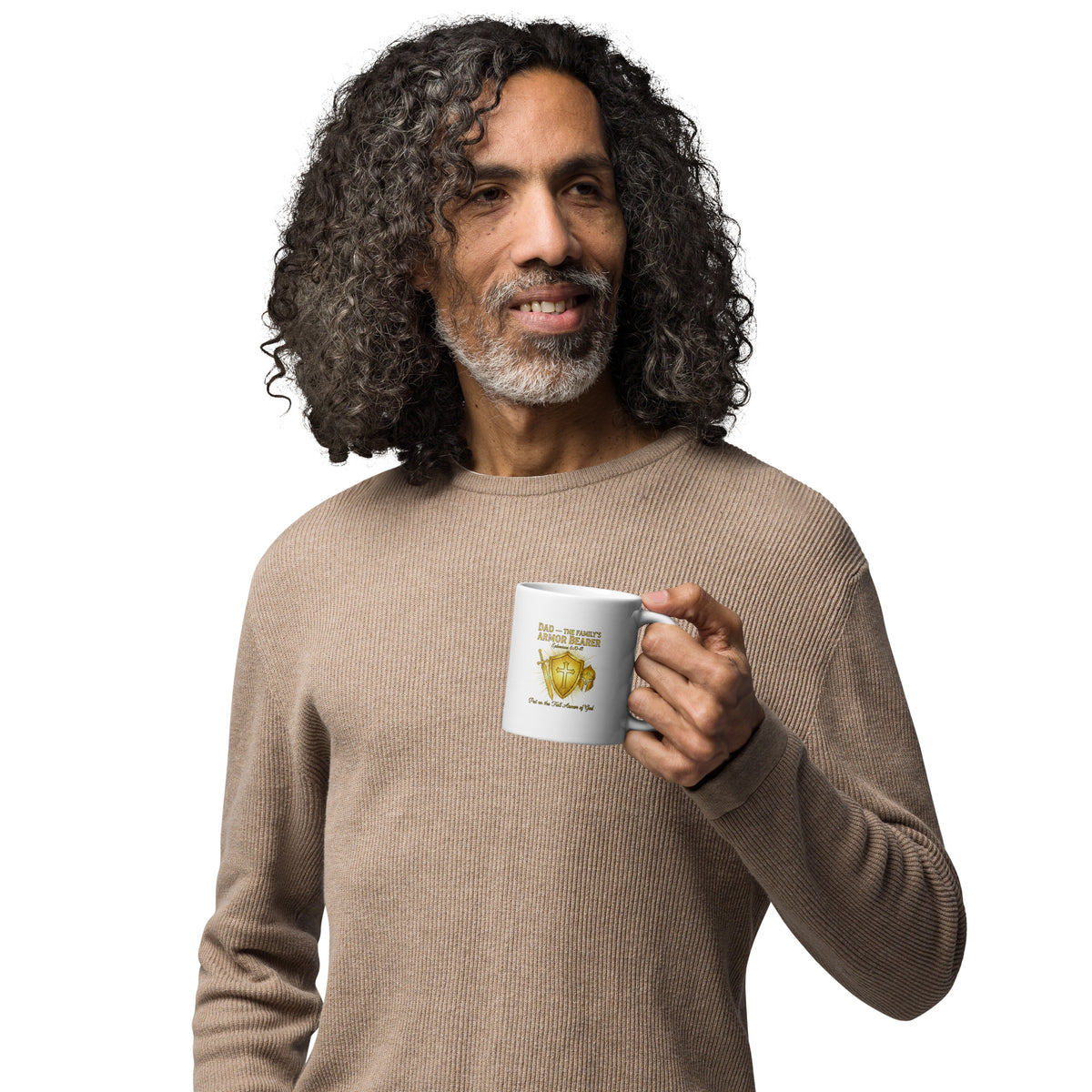 White 11 oz Tristan's Outlet Dad family’s armor bearer mug with handle on the right, glossy finish, perfect for family gatherings.