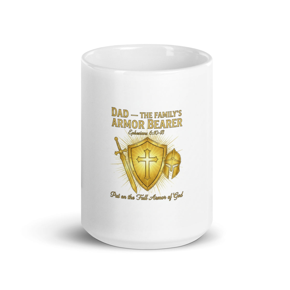 White 15oz ceramic mug featuring "Dad – The Family's Armor Bearer" design, ideal for family-themed gift or daily use.
