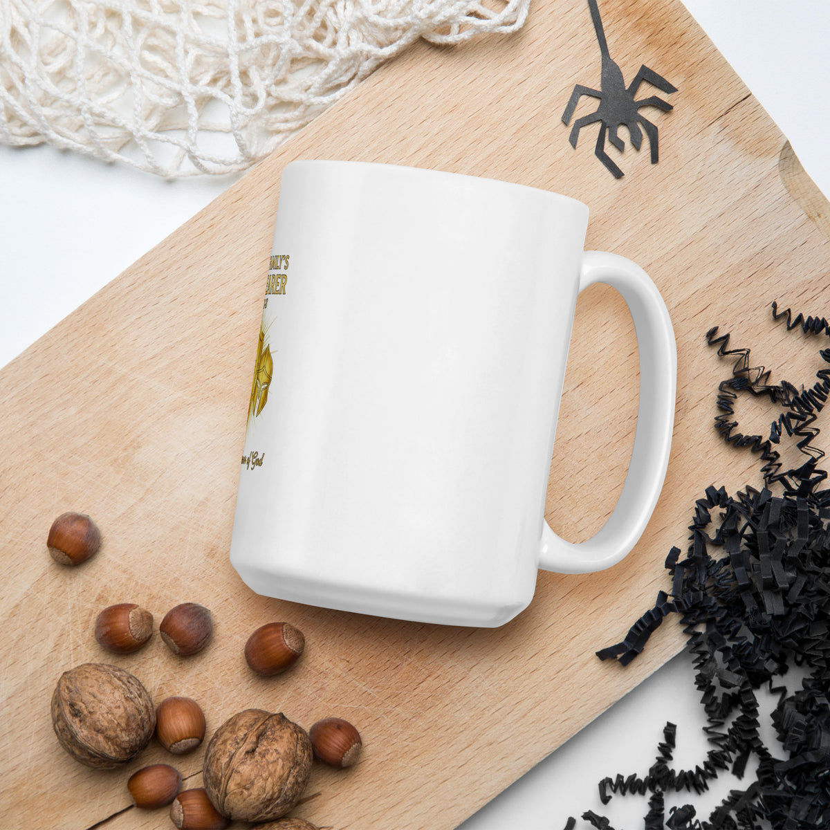White glossy mug with "Dad – The Family's Armor Bearer" printed in black, 15 oz capacity, perfect for family-themed gifts.