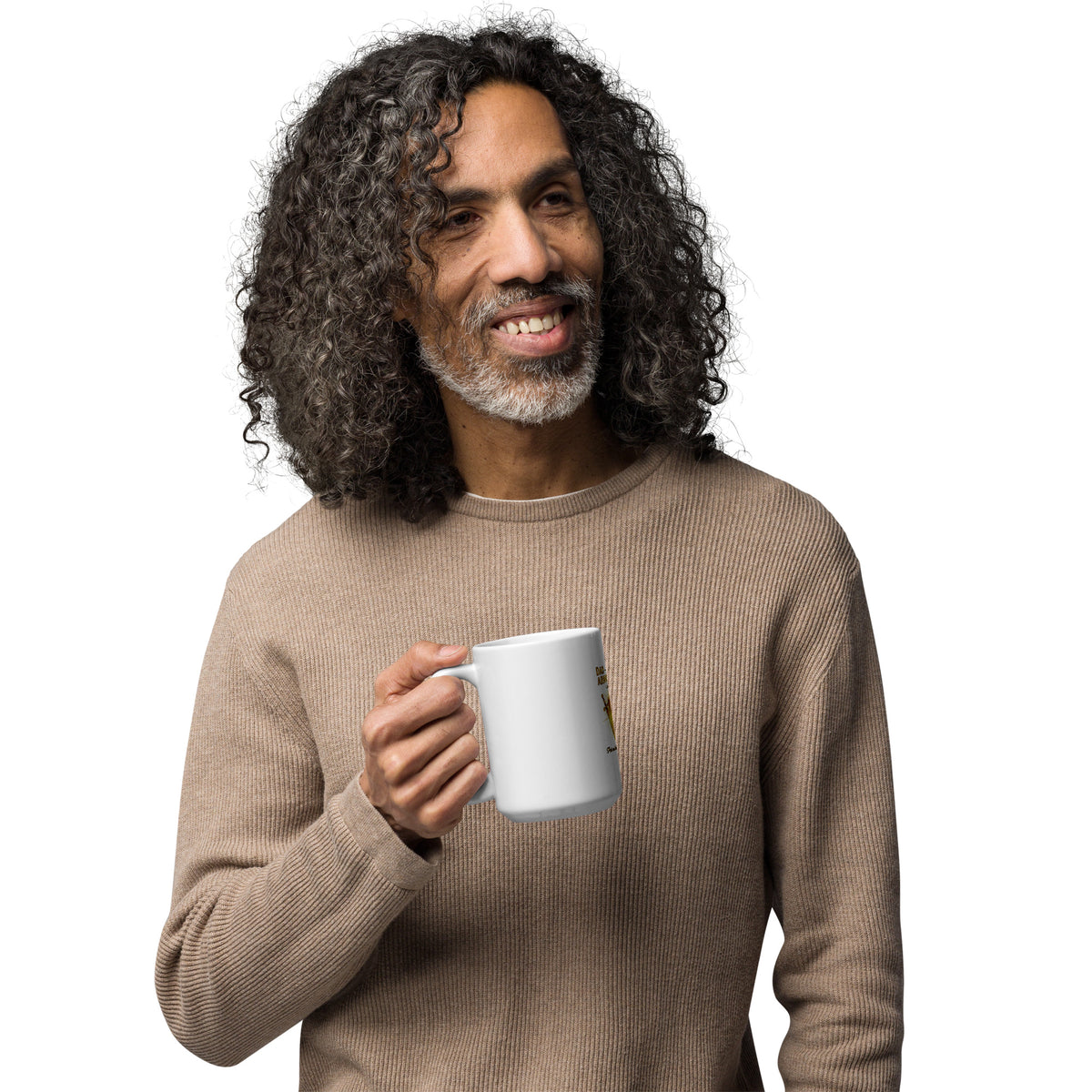 White glossy 15 oz Dad family’s armor bearer mug with handle on the left, featuring a durable ceramic design.
