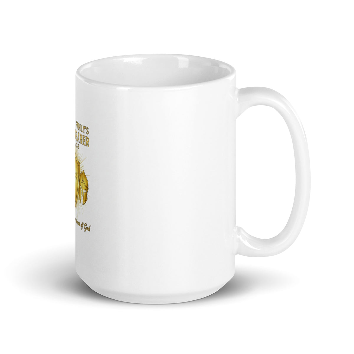 White glossy 15 oz Dad family’s armor bearer mug with handle on the right, featuring a durable ceramic design.
