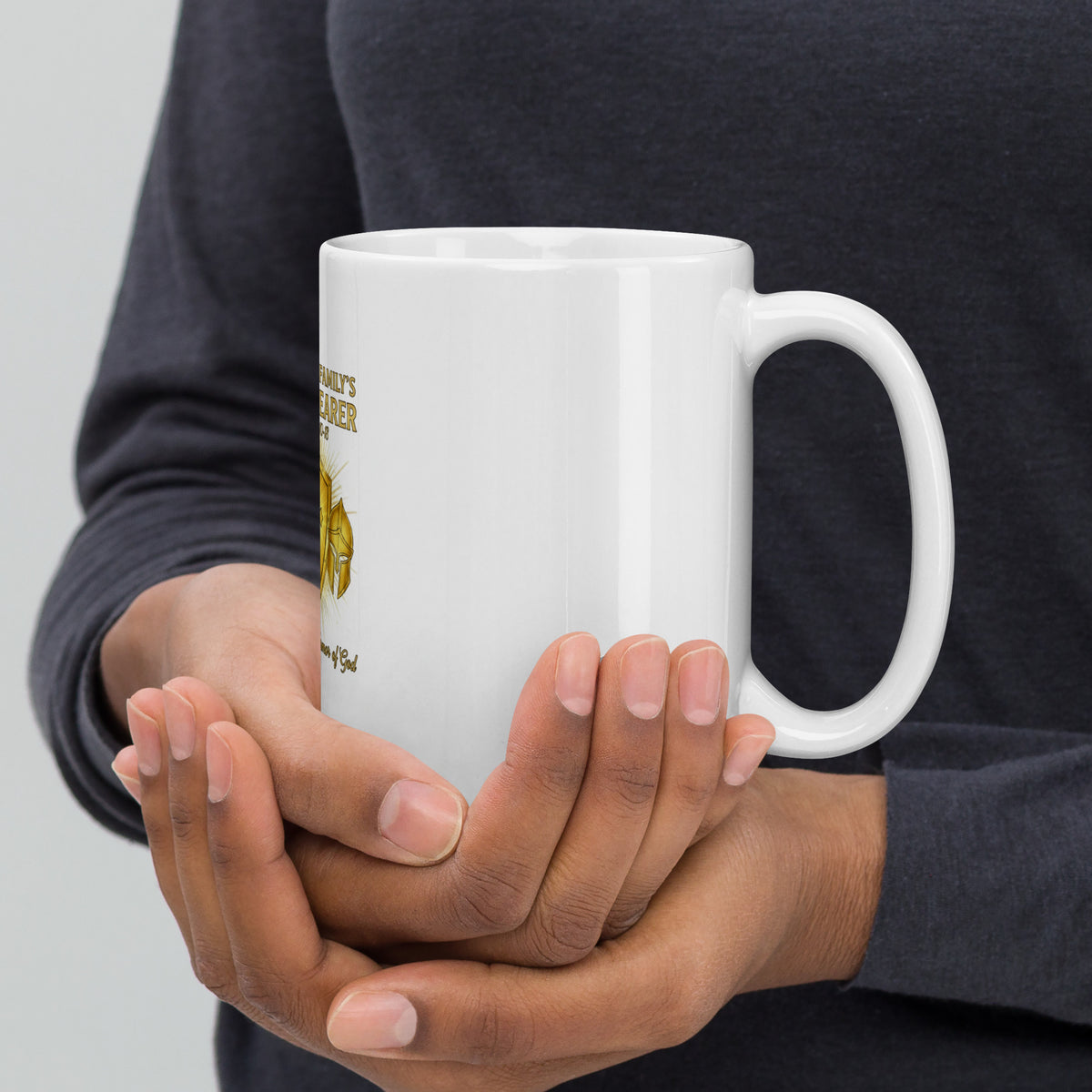 White 15 oz ceramic mug with handle on the right, featuring the "Dad – The Family's Armor Bearer" design by Tristan's Outlet.