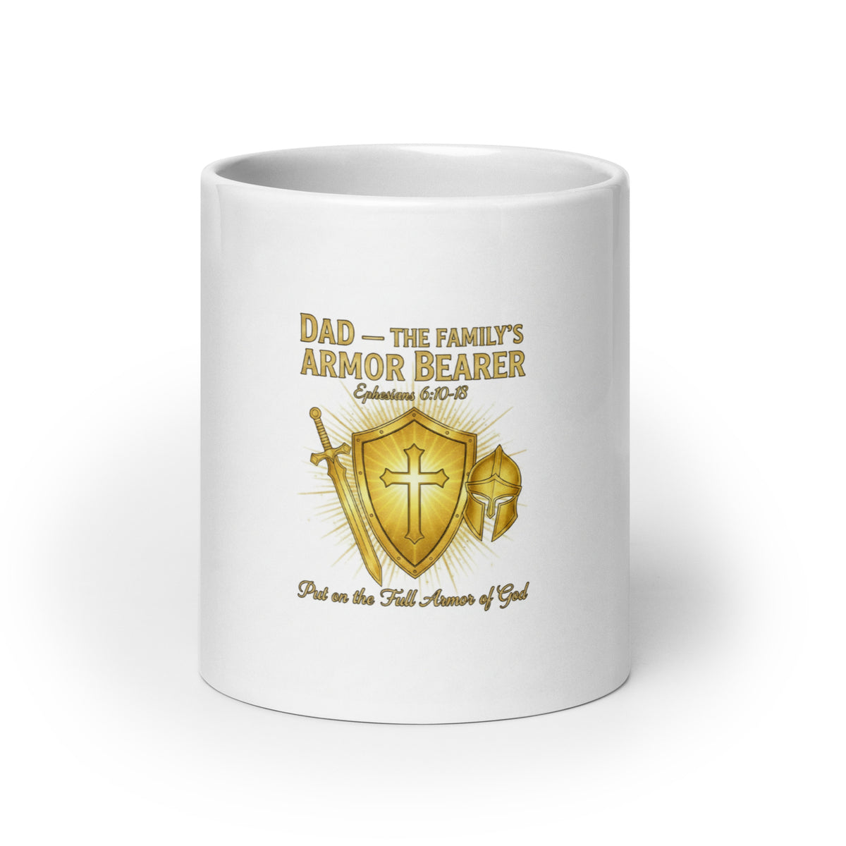 White glossy ceramic mug featuring the "Dad – The Family's Armor Bearer" design, 20 oz capacity, front view.