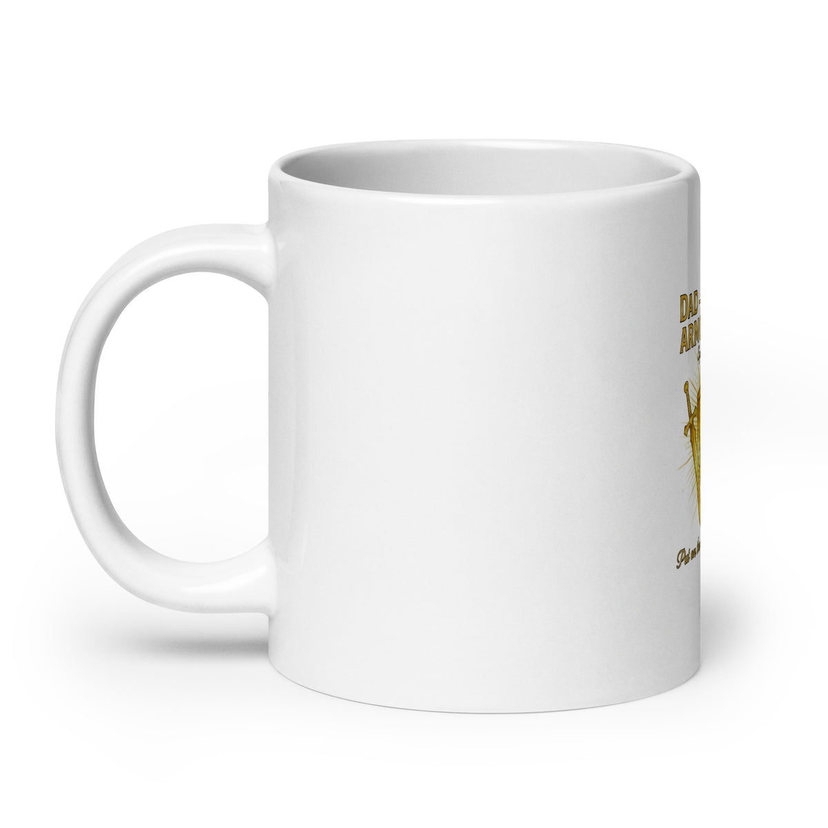White glossy mug with "Dad – The Family's Armor Bearer" text, 20 oz capacity, handle on the left, by Tristan's Outlet.