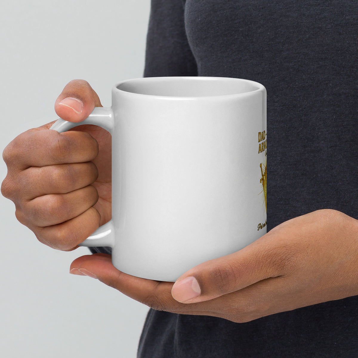 White glossy ceramic mug with "Dad – The Family's Armor Bearer" printed, 20 oz capacity, with handle on the left side.