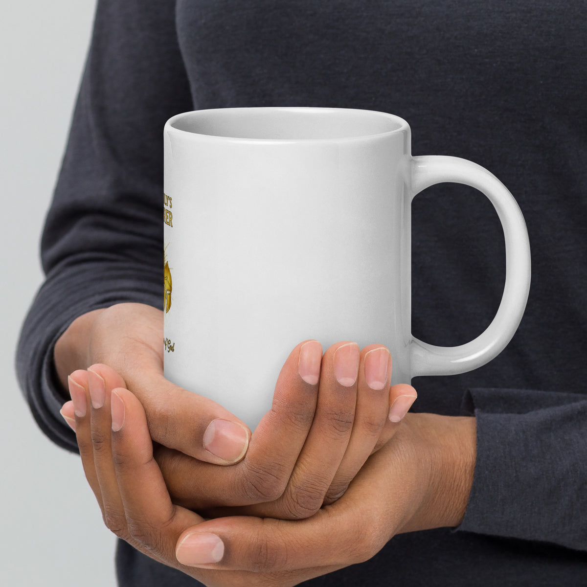 White glossy Dad family’s armor bearer mug with 20 oz capacity and handle on the right, ideal for family-themed coffee moments.
