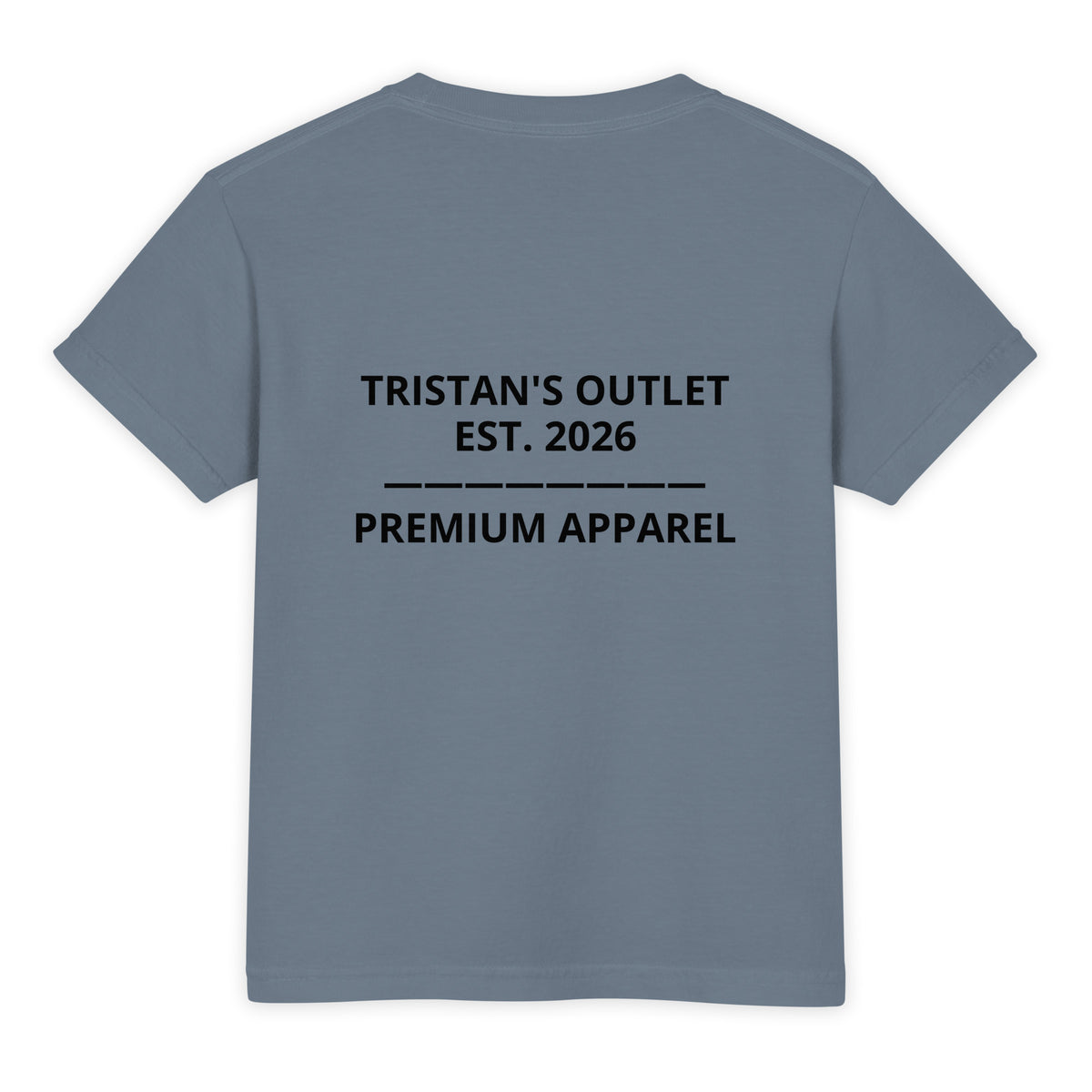 Kids' Tristan's Outlet Signature Tee in Comfort Colors 9018, youth-garment-dyed heavyweight blue jean T-shirt, back view