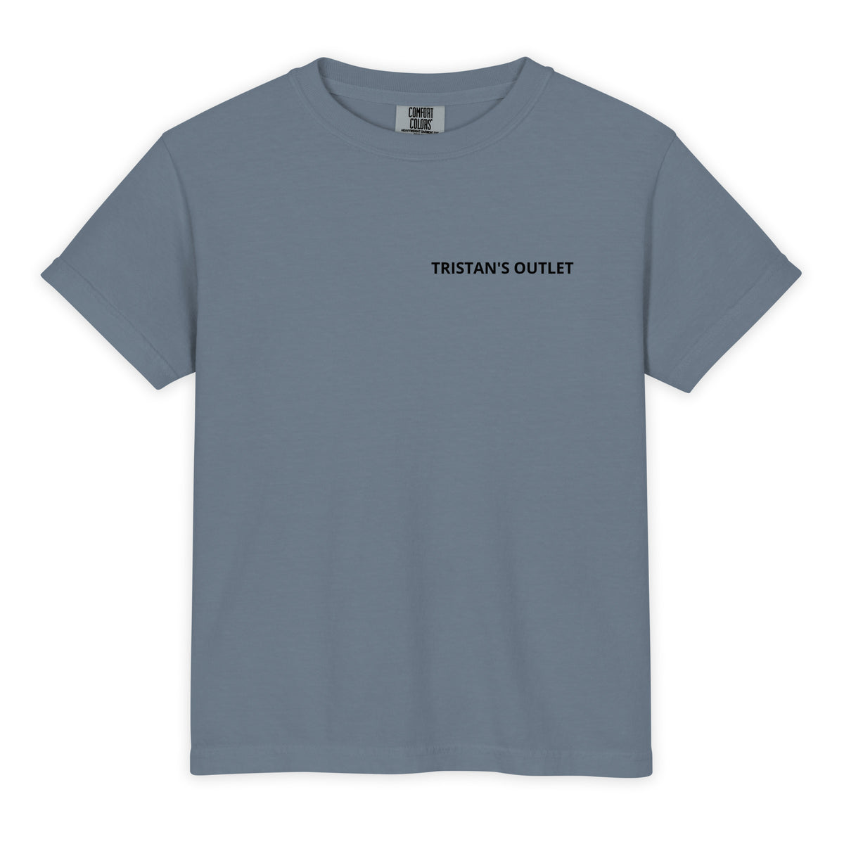 Kids Tristan's Outlet Signature Tee in blue jean, front view, the youth heavyweight T-shirt with garment-dyed cotton fabric.