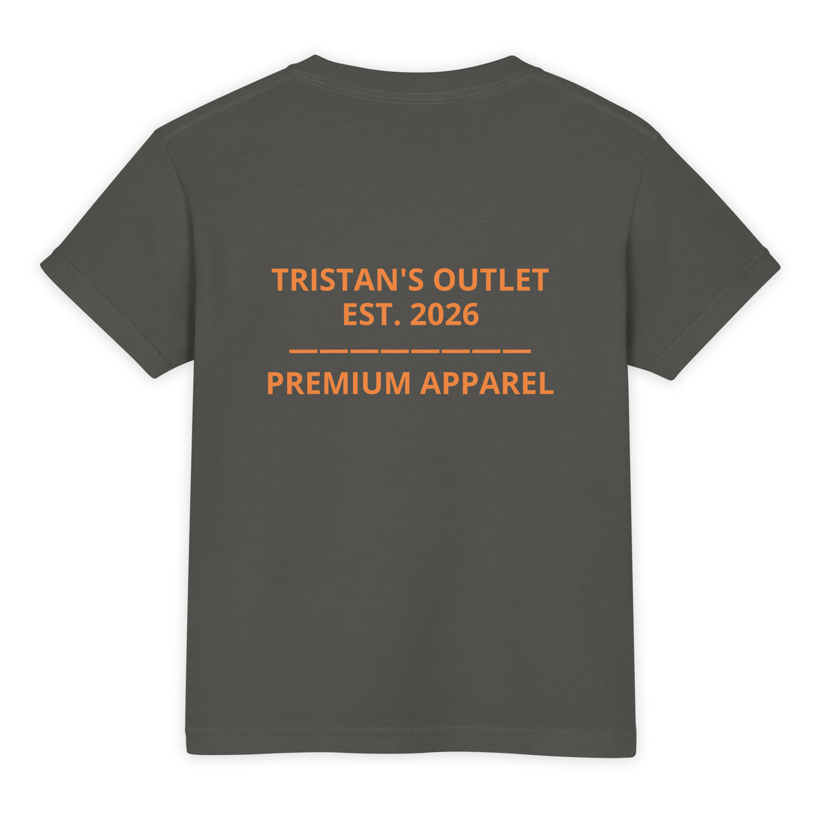 Kids Tristan's Outlet Signature Tee by Comfort Colors in Pepper, youth heavyweight T-shirt, back view showing garment dye and color.