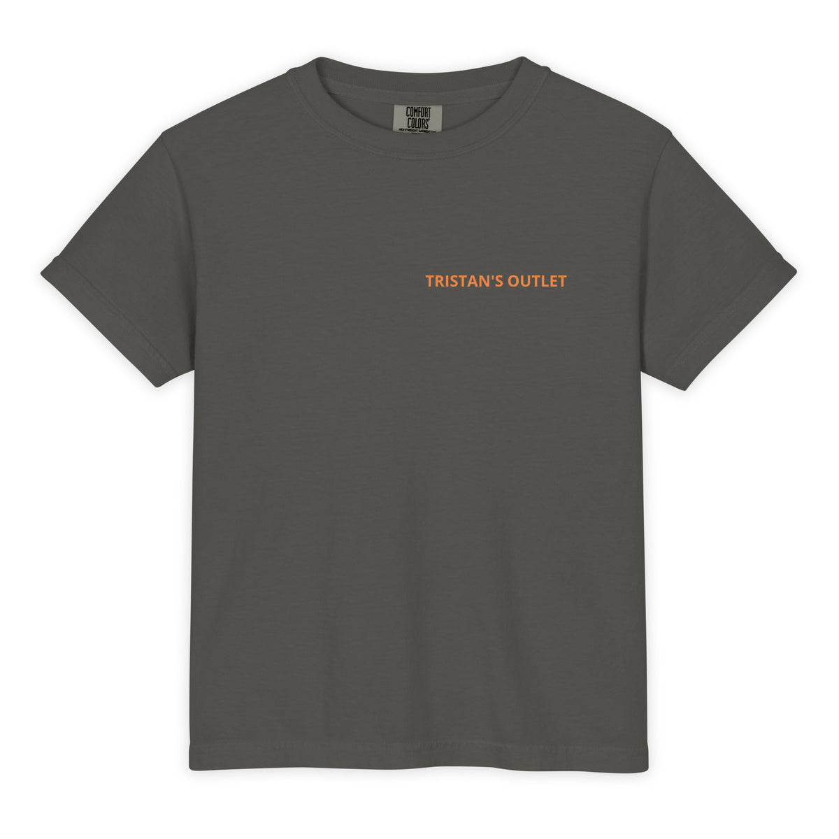 Kids' Tristan's Outlet Signature Tee in Comfort Colors Pepper, youth heavyweight garment-dyed T-shirt, front view.