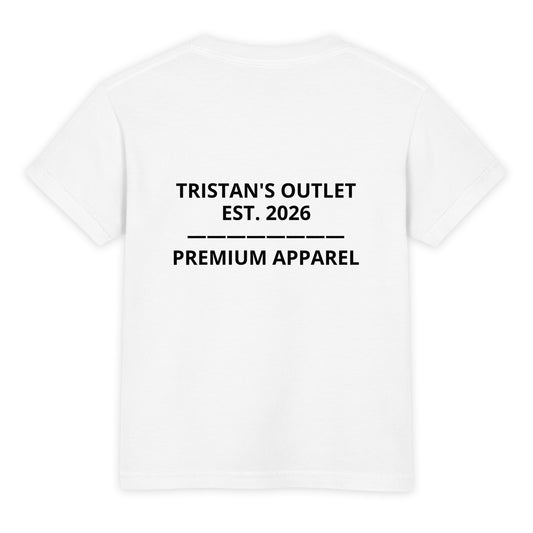 Kids Tristan's Outlet Signature Tee in white, youth garment-dyed heavyweight T-shirt showing the back design.