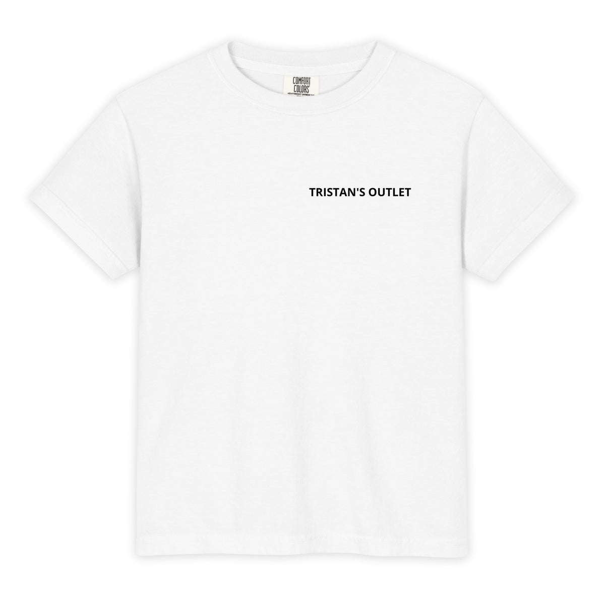 Kids' white Tristan's Outlet Signature Tee, Comfort Colors heavyweight youth T-shirt with front design, garment dyed for soft feel.