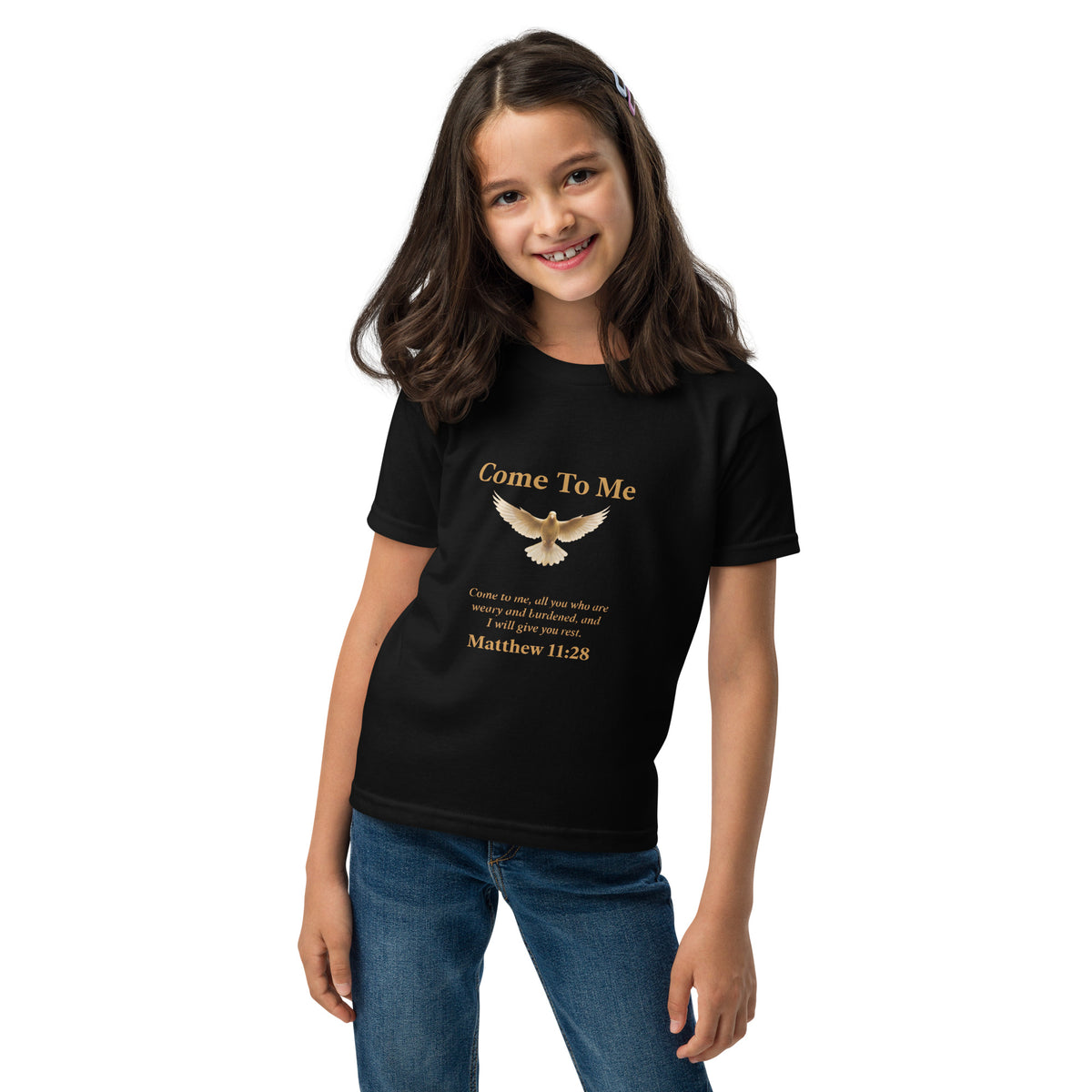 Black kids' youth T-shirt featuring Matthew 11:28 faith message from Tristan's Outlet, front view of Come To Me Youth T-Shirt.
