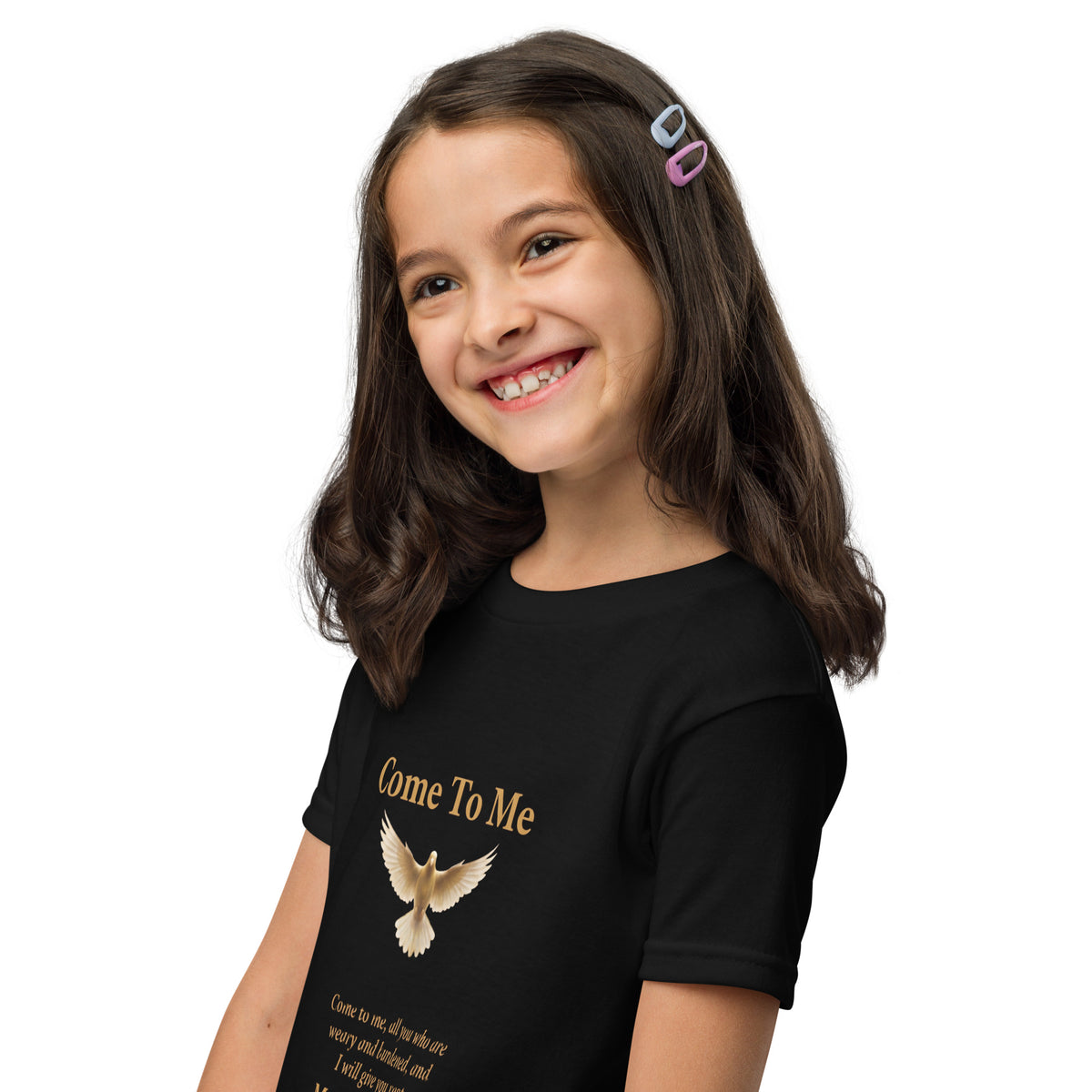 Black kids' Come To Me Youth T-Shirt with Matthew 11:28 Faith quote, featuring a front-left view of the Tristan's Outlet logo.