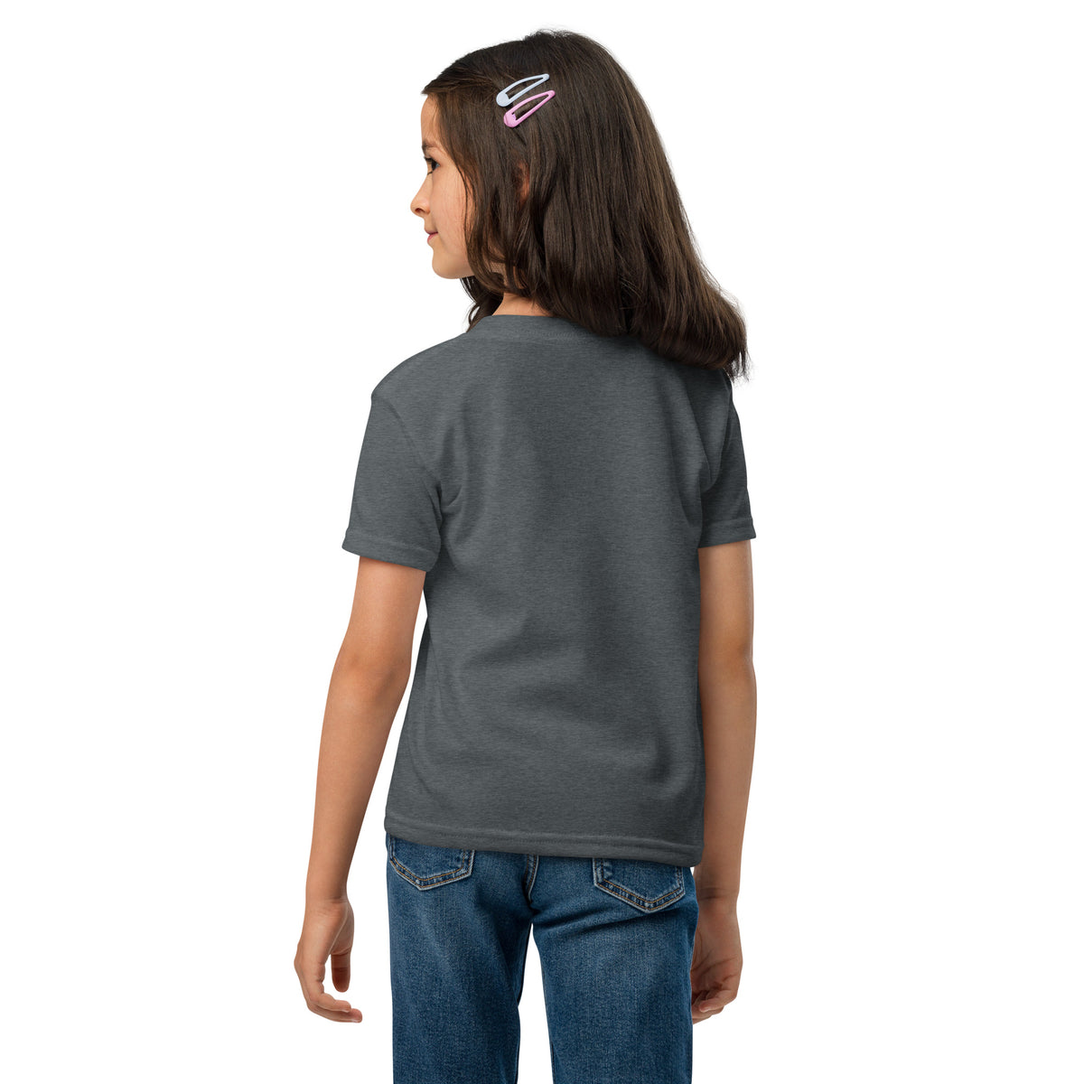 Kids Come To Me Youth T-Shirt by Tristan's Outlet featuring Matthew 11:28 faith message in dark heather color, front view.