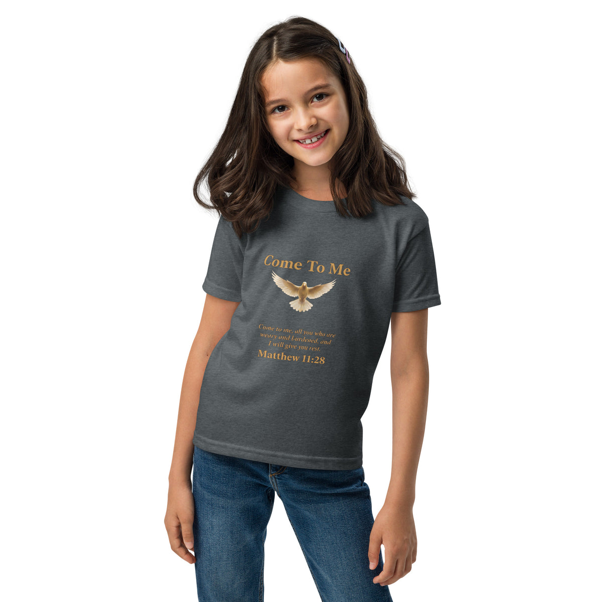 Dark heather youth T-shirt with Come To Me Youth T-Shirt design featuring Matthew 11:28 by Tristan's Outlet.
